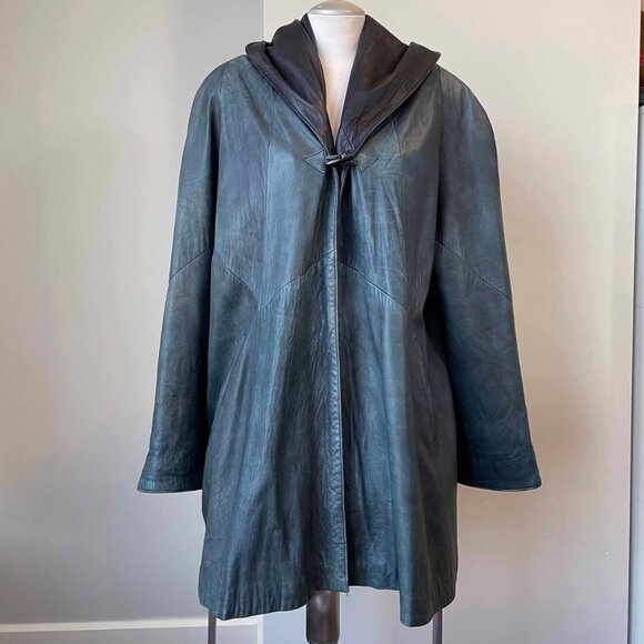 Vintage Hooded Green Leather Poncho: Oversized 90s Cape Coat (3XL) - Picture 4 of 8